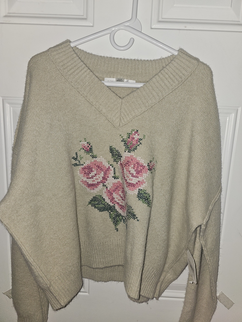 Altar'd State Cream V-Neck Sweater with Pink Rose Motif